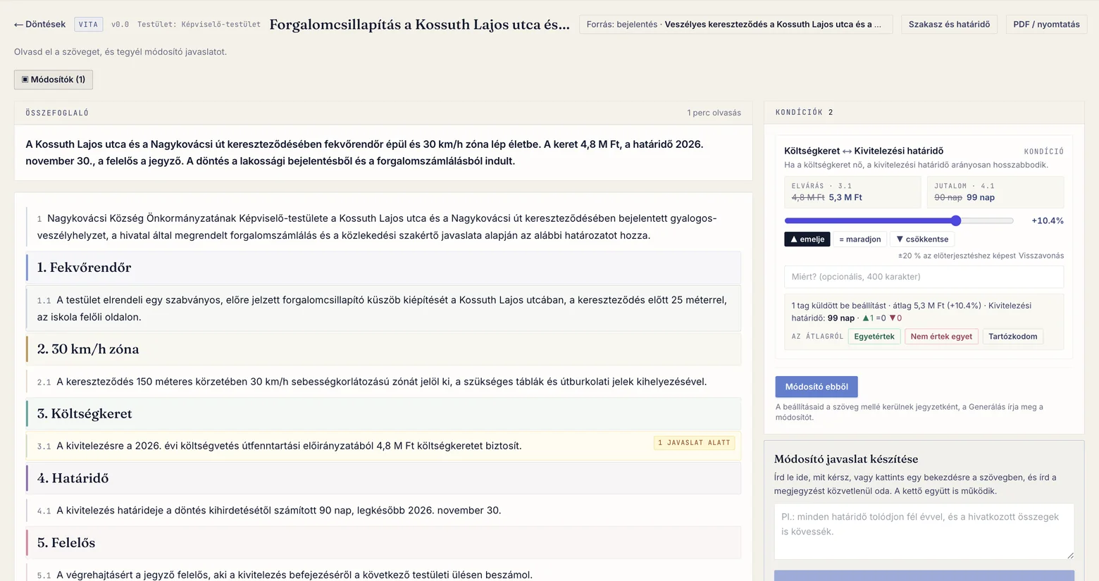 Testületi döntés: dokumentum, kondíciók és módosító javaslat